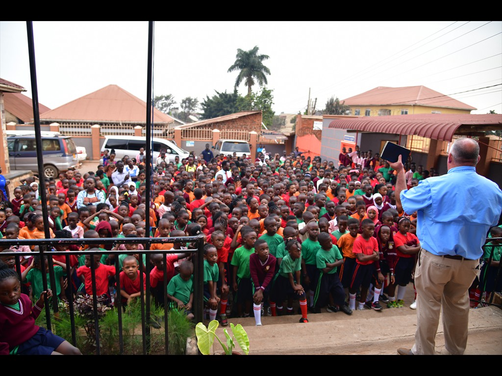 Pastor Joel sharing Jesus with students in Uganda